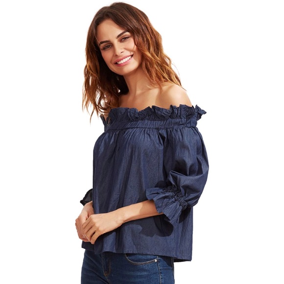 Denim Chambray Off Shoulder Ruffled 3/4 Sleeve Top - Picture 5 of 5